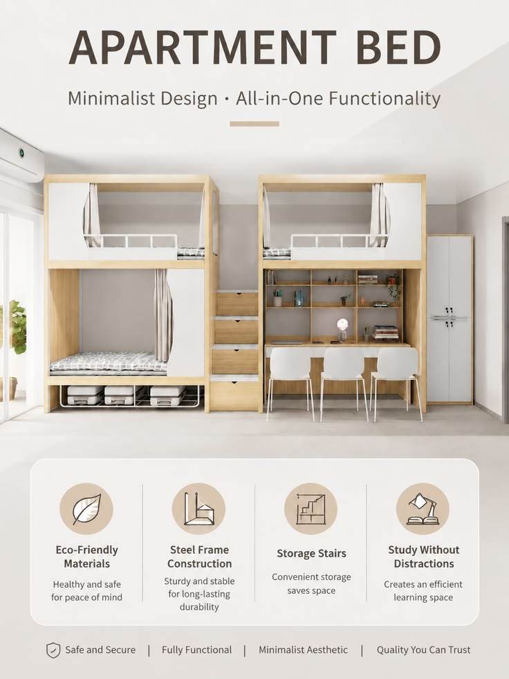 Últimos blogs da empresa sobre Modelos múltiplos de camas de apartamento com leitos de casal e secretárias