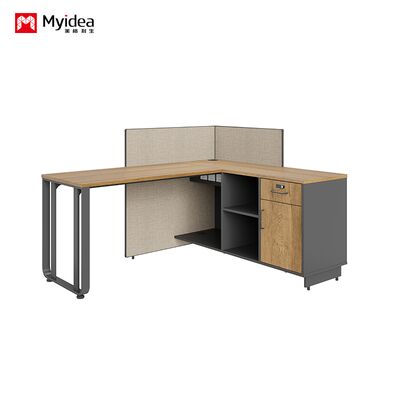Two person office desk with steel leg storage side cabinet, staff desk made of melamine board material