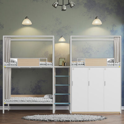 Dormitory Three Person Bed with Wardrobe, Safe Night Light Step Ladder, High Guardrail, Bed Curtain, School Dormitory Bed
