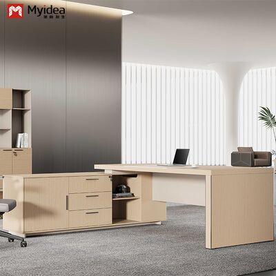 Myidea Solid Wood L-Shaped Executive Desk with Sub Cabinet and Aluminum Alloy Edge-covered Feet for Office Building