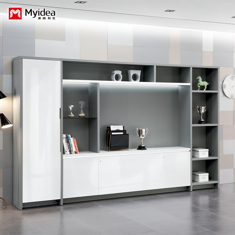 Office filing cabinet for the boss and supervisor, storage cabinet with hanging clothes area, white glossy painted office desk cabinet with lock induction light strip