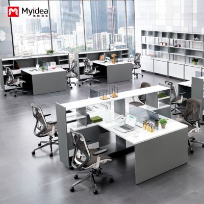 escrivaninha de armazenamento de grande capacidade personalizável com armário, design de mesa de computador para escritório para 2 e 4 pessoas, divisória de tela, mesa para funcionários