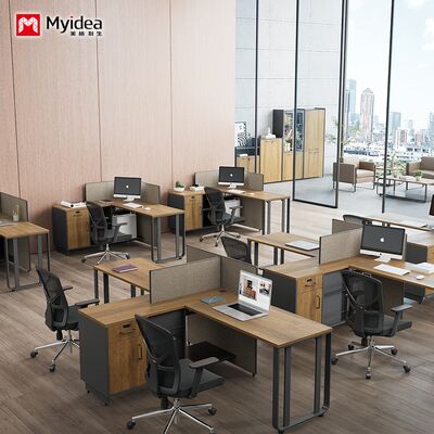 Secretária de escritório para duas pessoas com armário lateral de armazenamento com pernas de aço, secretária para funcionários feita de material de placa de melamina