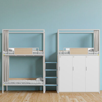 Cama de Dormitório para Três Pessoas com Guarda-Roupa, Luz Noturna Segura, Escada, Grade Alta, Cortina de Cama, Cama de Dormitório Escolar