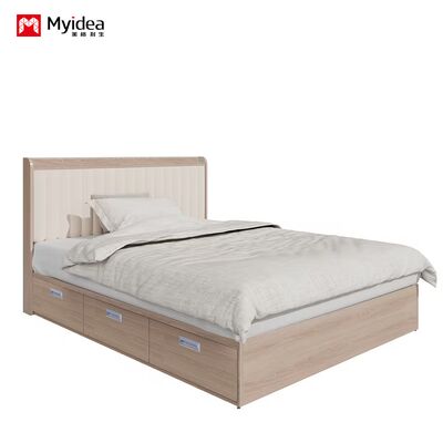 Cama Multifuncional Moderna e Minimalista com Gaveta, Cama de Arte em Couro Cor Creme, Cama de Casal Pequena com Três Gavetas
