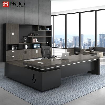 Escritório de computador executivo em forma de L moderno e ecológico com sub-armário de armazenamento de grande capacidade
